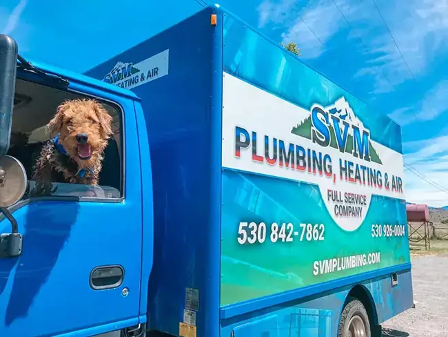 SVM Plumbing Well and Pumps dog hanging out the window of work van on way to Yreka plumbig repair